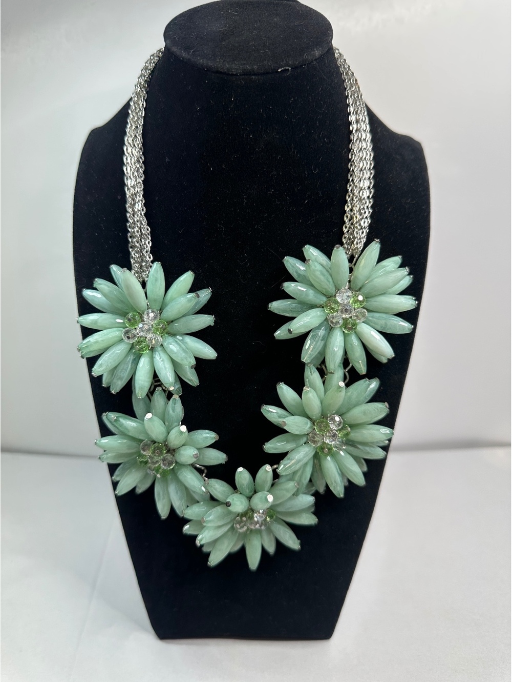 Mint Green Beaded Floral Statement Necklace Clustered Flowers Costume Jewelry
